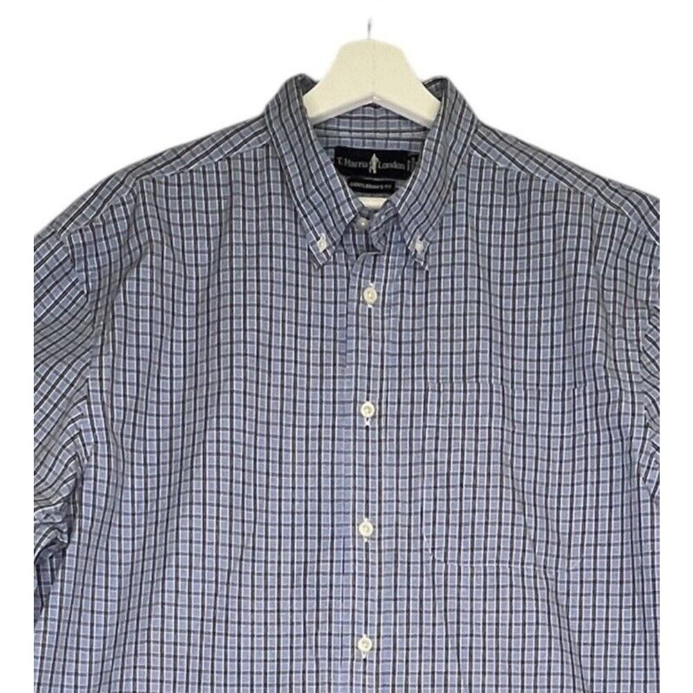T Harris London XL Button-down Dress Shirt Plaid Light Navy Blue Gentleman’s